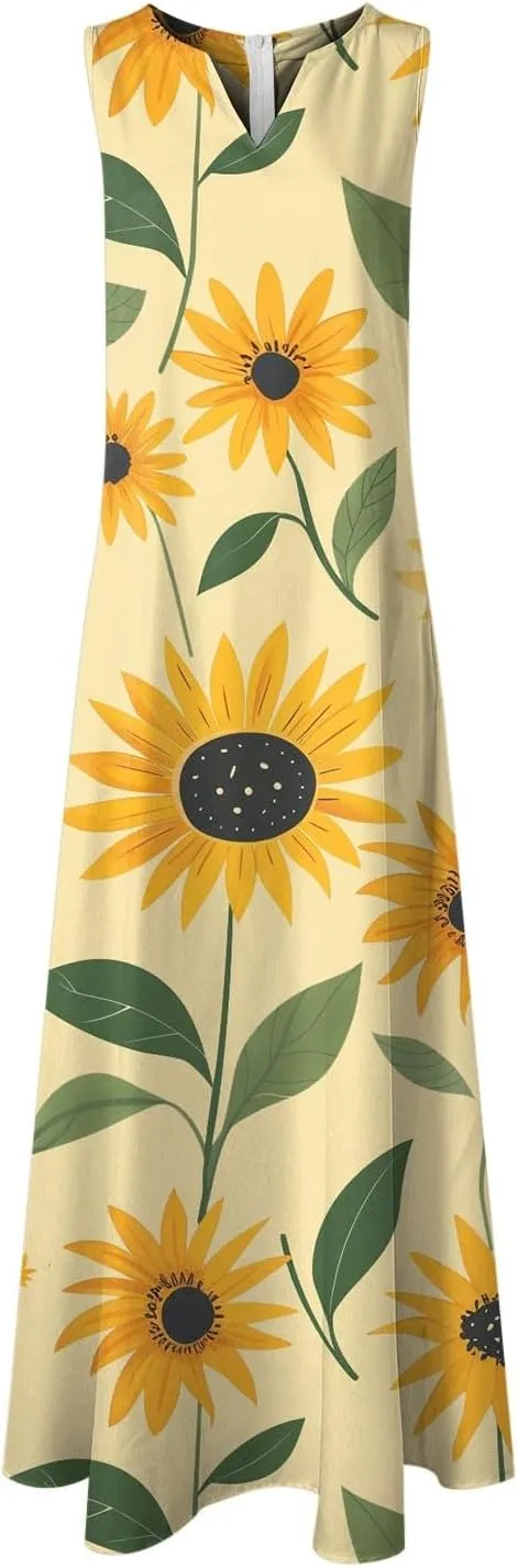 Sundresses for Women Sleeveless Tank Dresses 2025 Vacation Plus Size Casual V Neck Boho Floral Beach Dress