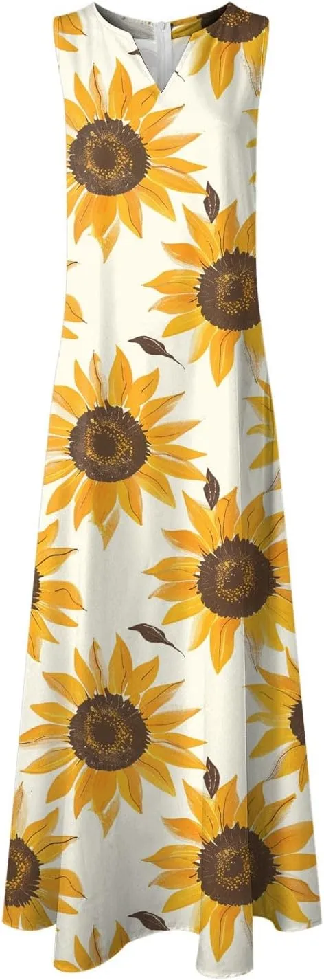 Sundresses for Women Sleeveless Tank Dresses 2025 Vacation Plus Size Casual V Neck Boho Floral Beach Dress