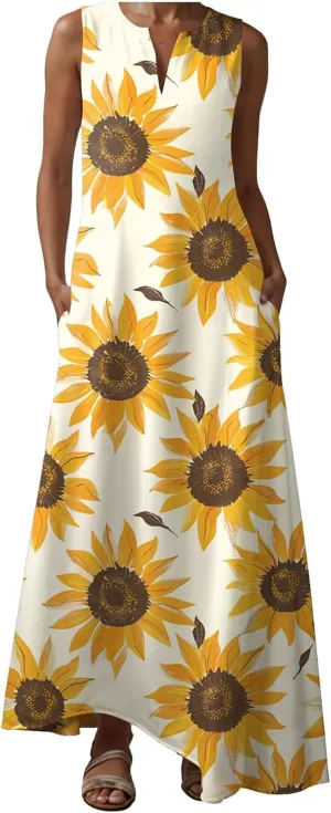 Sundresses for Women Sleeveless Tank Dresses 2025 Vacation Plus Size Casual V Neck Boho Floral Beach Dress