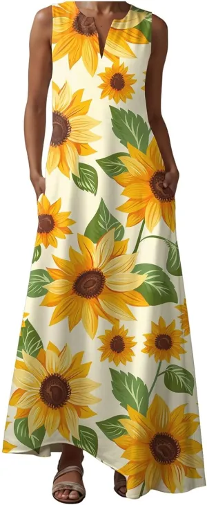 Sundresses for Women Sleeveless Tank Dresses 2025 Vacation Plus Size Casual V Neck Boho Floral Beach Dress