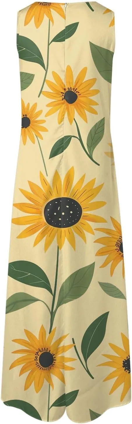 Sundresses for Women Sleeveless Tank Dresses 2025 Vacation Plus Size Casual V Neck Boho Floral Beach Dress