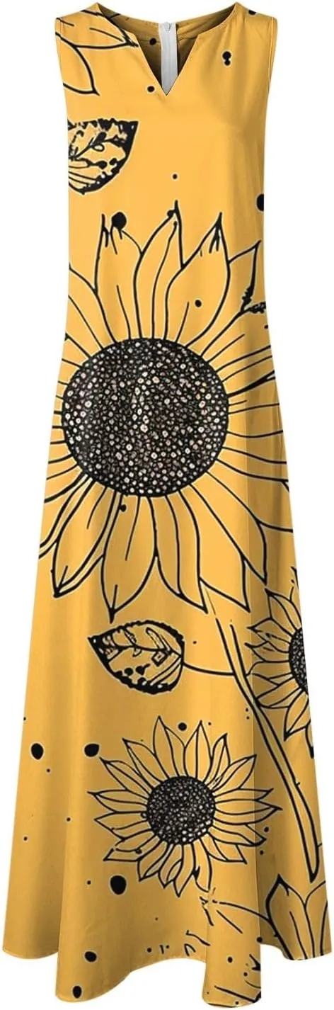 Sundresses for Women Sleeveless Tank Dresses 2025 Vacation Plus Size Casual V Neck Boho Floral Beach Dress