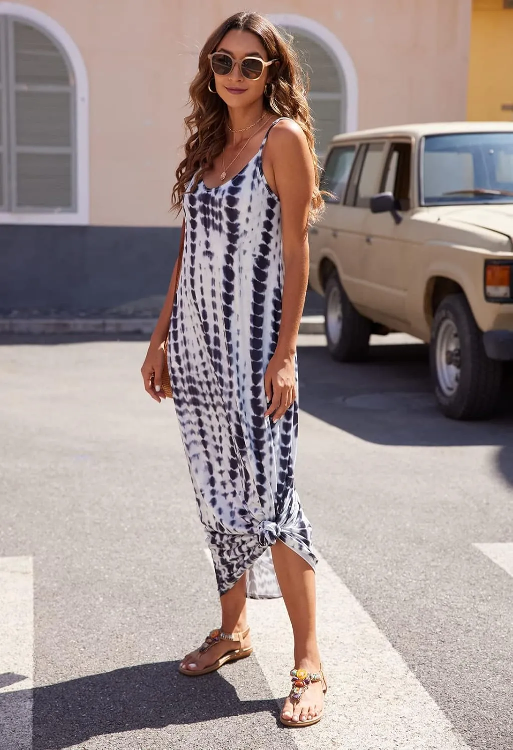 Supnier Women's Summer Maxi Dress Casual V-Neck Sleeveless Bohemian Spaghetti Strap Floral Long Maxi Dress with Pockets
