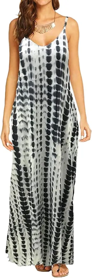 Supnier Women's Summer Maxi Dress Casual V-Neck Sleeveless Bohemian Spaghetti Strap Floral Long Maxi Dress with Pockets