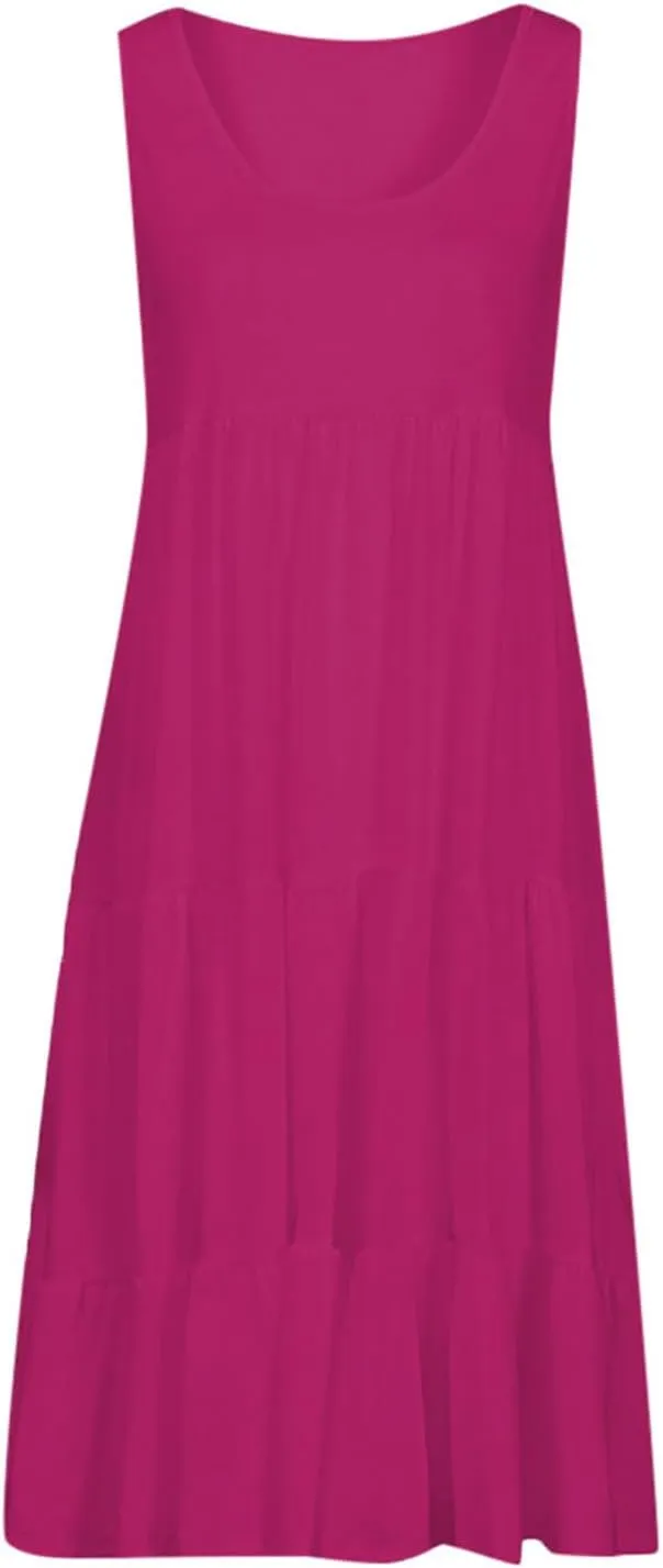 TANGNADE Women's Summer Sleeveless A-Line Midi Dresses Casual Trendy Dress Flowy Beach Sundress U Neck Tank Dresses