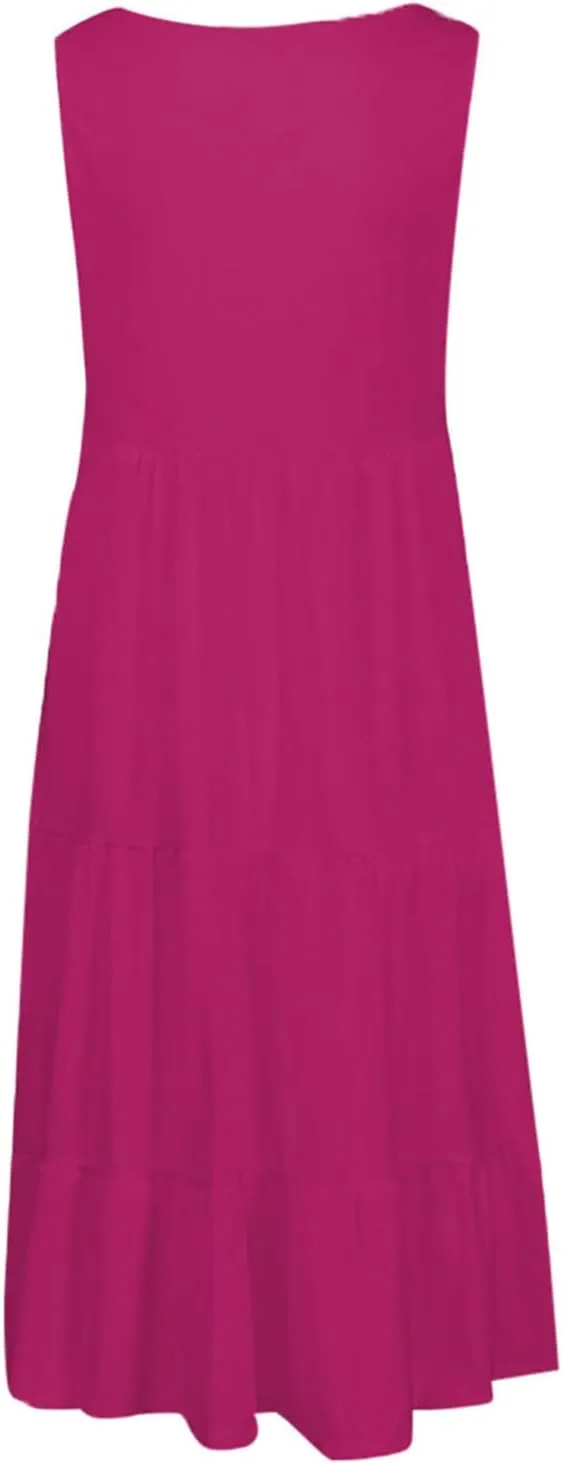 TANGNADE Women's Summer Sleeveless A-Line Midi Dresses Casual Trendy Dress Flowy Beach Sundress U Neck Tank Dresses