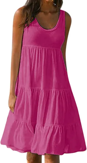 TANGNADE Women's Summer Sleeveless A-Line Midi Dresses Casual Trendy Dress Flowy Beach Sundress U Neck Tank Dresses