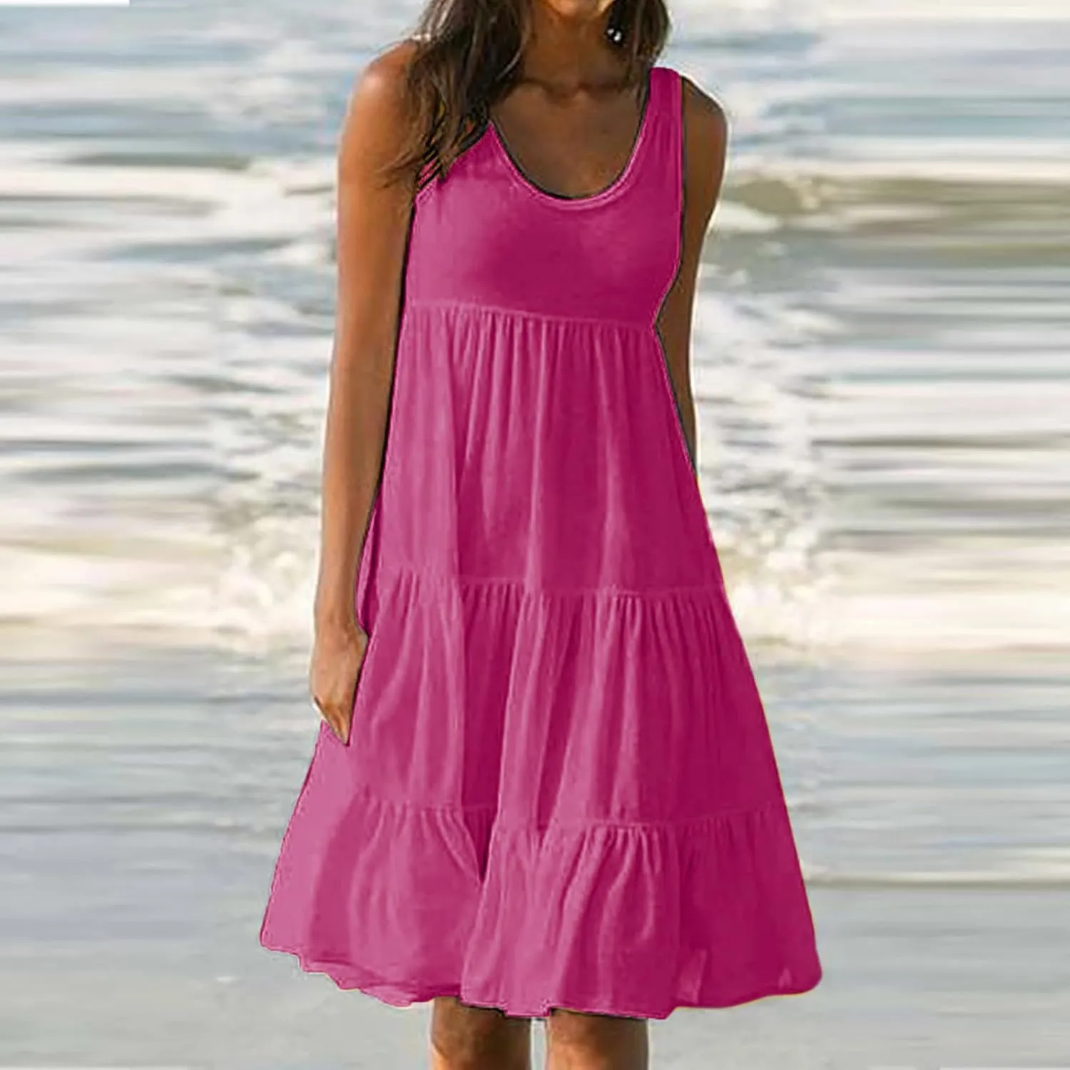 TANGNADE Women's Summer Sleeveless A-Line Midi Dresses Casual Trendy Dress Flowy Beach Sundress U Neck Tank Dresses