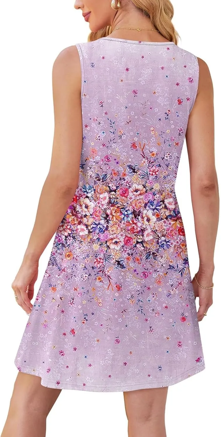 Tank Dresses for Women Casual U-Neck Summer Boho Floral Print Hawaiian Beach Vacation Sundresses with Pockets