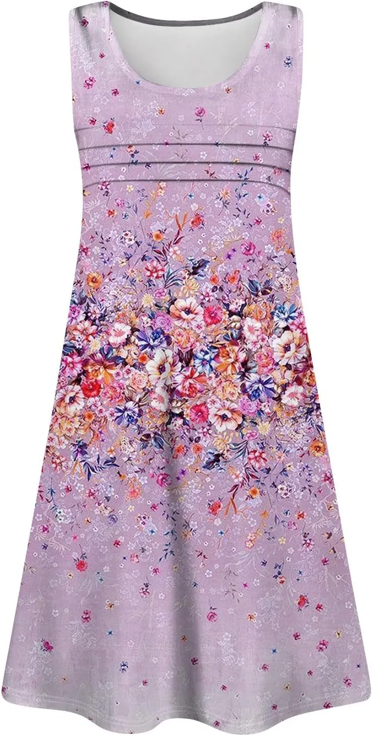Tank Dresses for Women Casual U-Neck Summer Boho Floral Print Hawaiian Beach Vacation Sundresses with Pockets