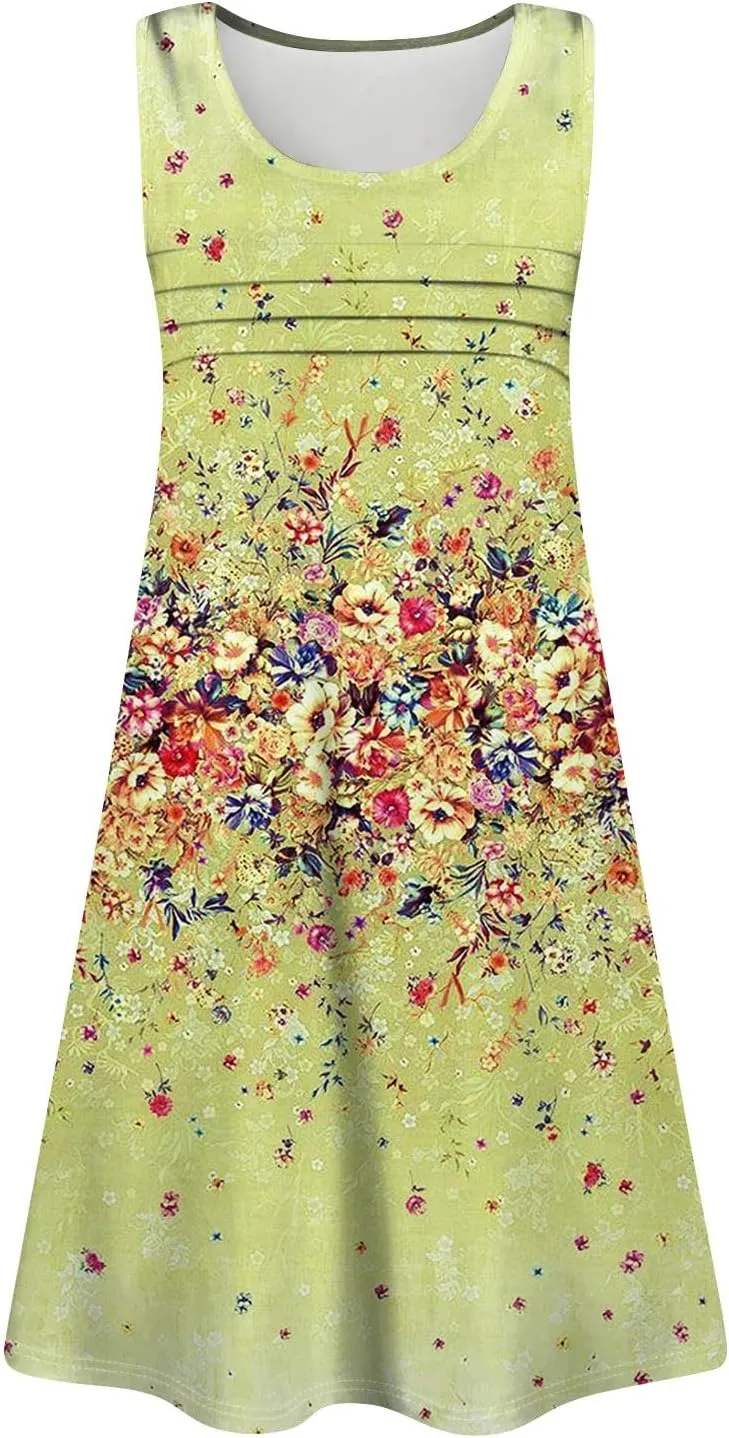 Tank Dresses for Women Casual U-Neck Summer Boho Floral Print Hawaiian Beach Vacation Sundresses with Pockets