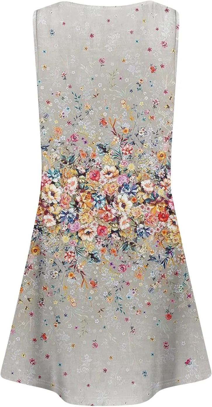 Tank Dresses for Women Casual U-Neck Summer Boho Floral Print Hawaiian Beach Vacation Sundresses with Pockets