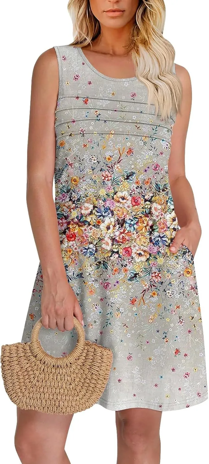 Tank Dresses for Women Casual U-Neck Summer Boho Floral Print Hawaiian Beach Vacation Sundresses with Pockets