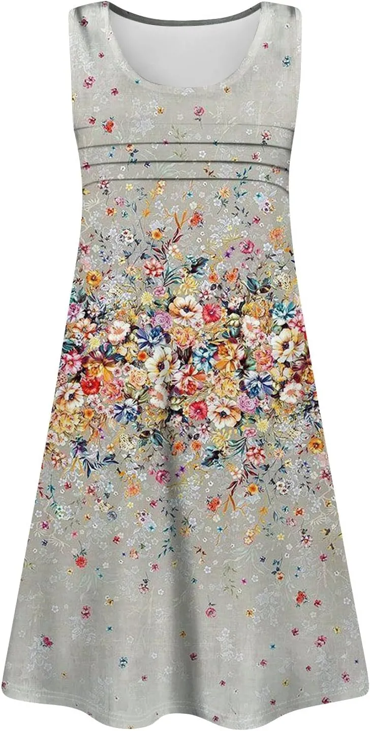 Tank Dresses for Women Casual U-Neck Summer Boho Floral Print Hawaiian Beach Vacation Sundresses with Pockets