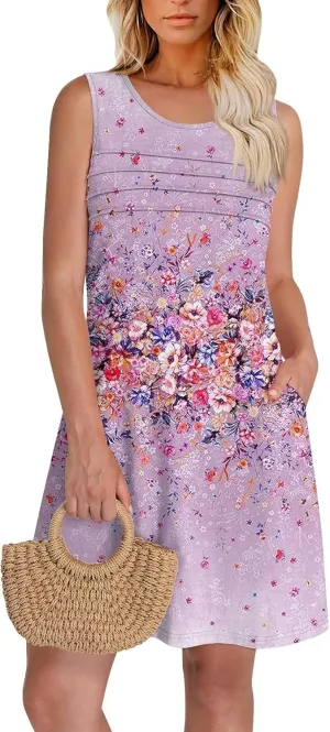 Tank Dresses for Women Casual U-Neck Summer Boho Floral Print Hawaiian Beach Vacation Sundresses with Pockets