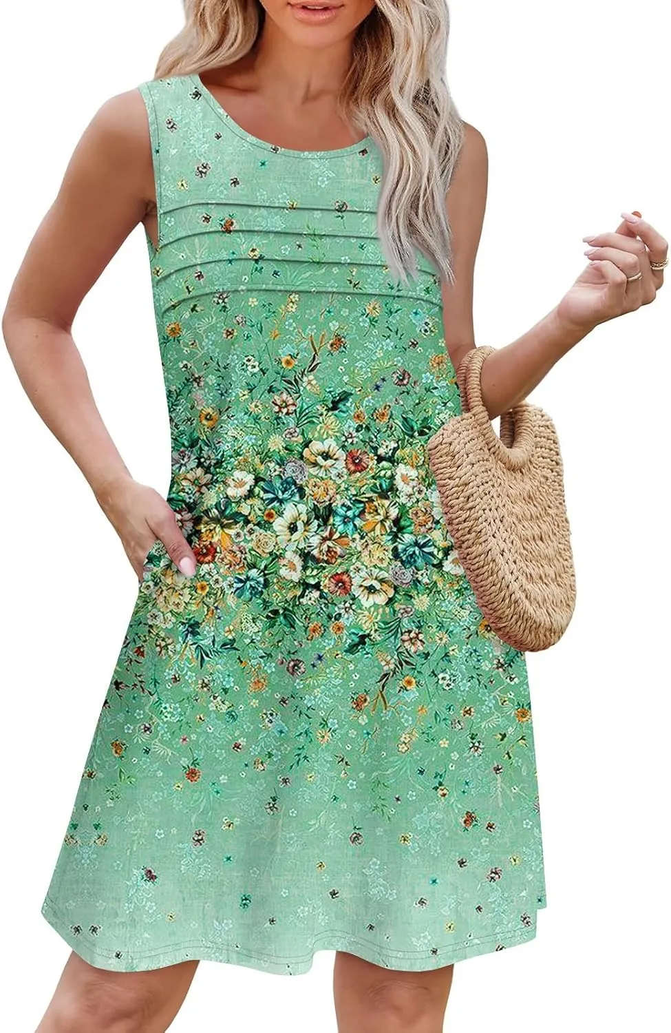 Tank Dresses for Women Casual U-Neck Summer Boho Floral Print Hawaiian Beach Vacation Sundresses with Pockets