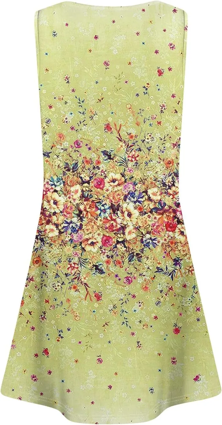 Tank Dresses for Women Casual U-Neck Summer Boho Floral Print Hawaiian Beach Vacation Sundresses with Pockets