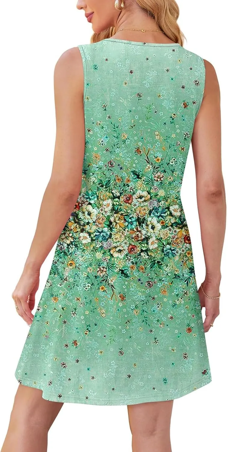 Tank Dresses for Women Casual U-Neck Summer Boho Floral Print Hawaiian Beach Vacation Sundresses with Pockets
