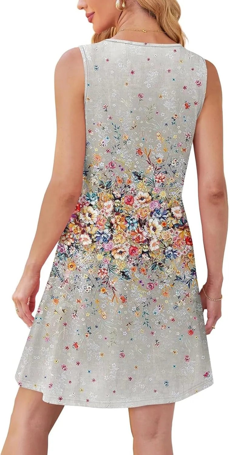 Tank Dresses for Women Casual U-Neck Summer Boho Floral Print Hawaiian Beach Vacation Sundresses with Pockets