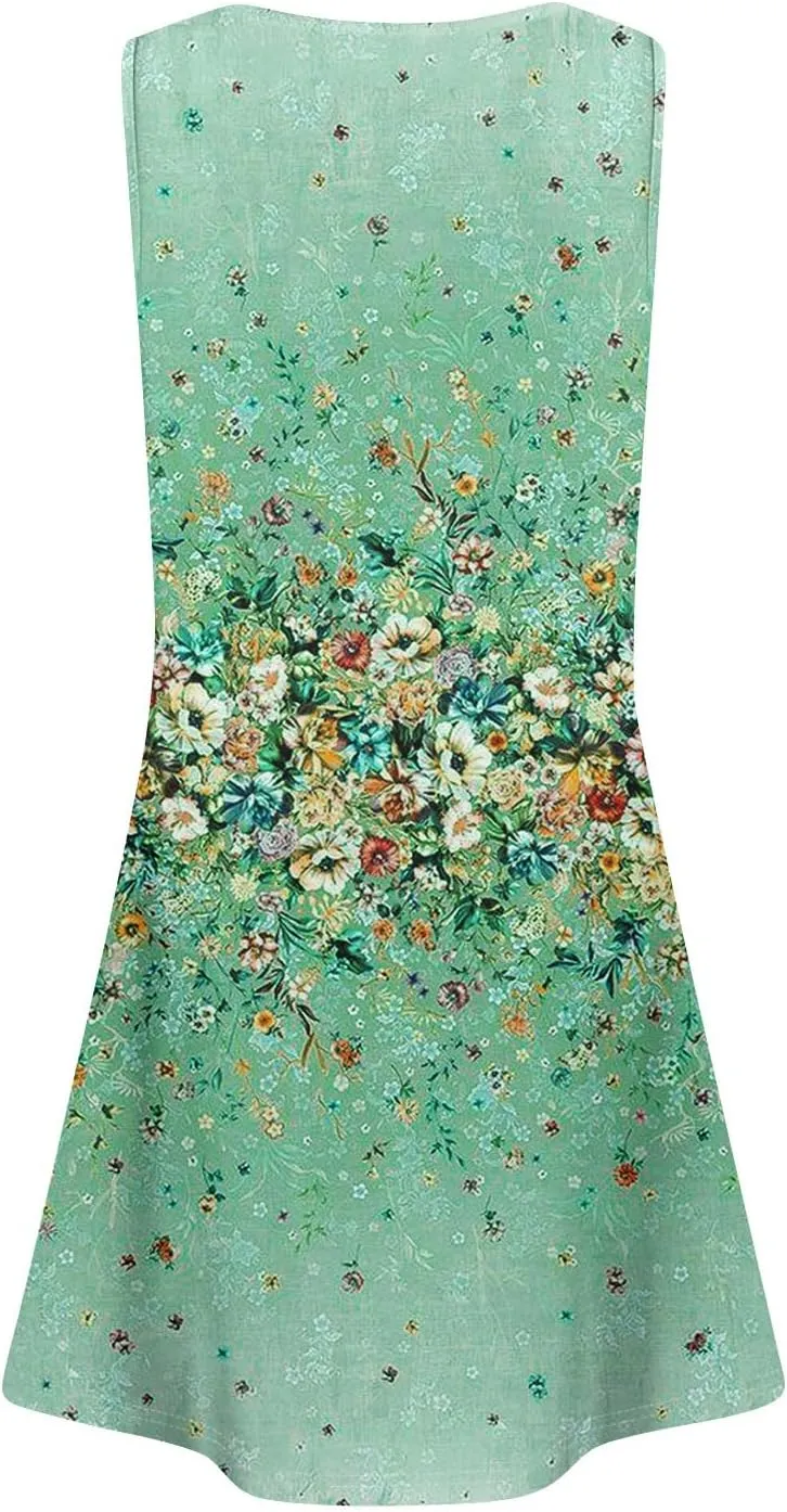Tank Dresses for Women Casual U-Neck Summer Boho Floral Print Hawaiian Beach Vacation Sundresses with Pockets