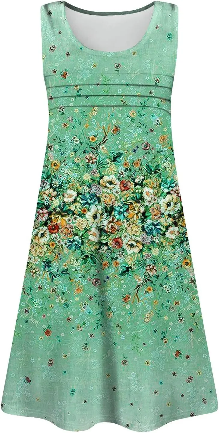 Tank Dresses for Women Casual U-Neck Summer Boho Floral Print Hawaiian Beach Vacation Sundresses with Pockets