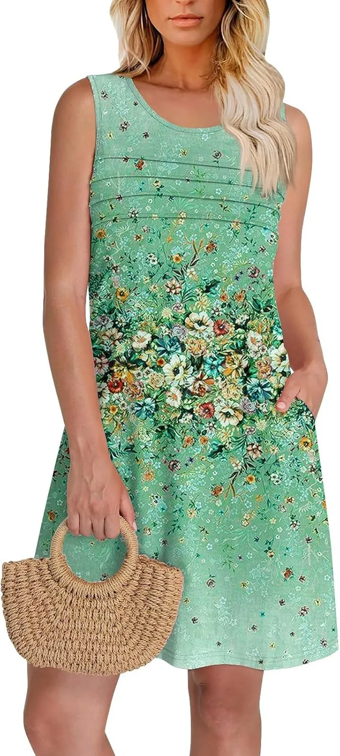 Tank Dresses for Women Casual U-Neck Summer Boho Floral Print Hawaiian Beach Vacation Sundresses with Pockets