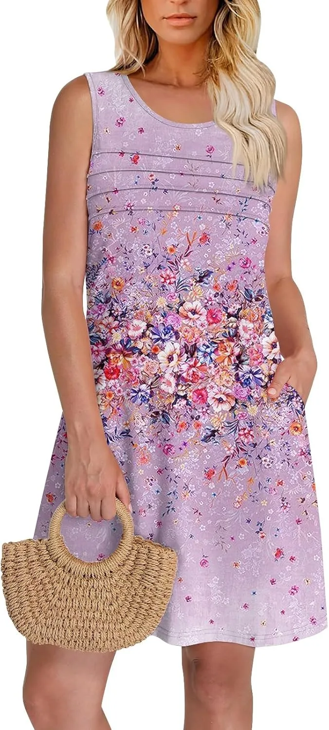 Tank Dresses for Women Casual U-Neck Summer Boho Floral Print Hawaiian Beach Vacation Sundresses with Pockets