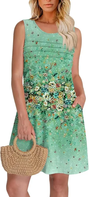 Tank Dresses for Women Casual U-Neck Summer Boho Floral Print Hawaiian Beach Vacation Sundresses with Pockets