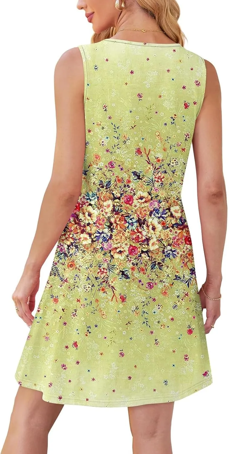 Tank Dresses for Women Casual U-Neck Summer Boho Floral Print Hawaiian Beach Vacation Sundresses with Pockets