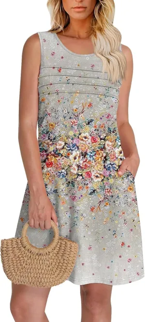 Tank Dresses for Women Casual U-Neck Summer Boho Floral Print Hawaiian Beach Vacation Sundresses with Pockets