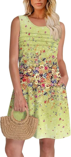 Tank Dresses for Women Casual U-Neck Summer Boho Floral Print Hawaiian Beach Vacation Sundresses with Pockets