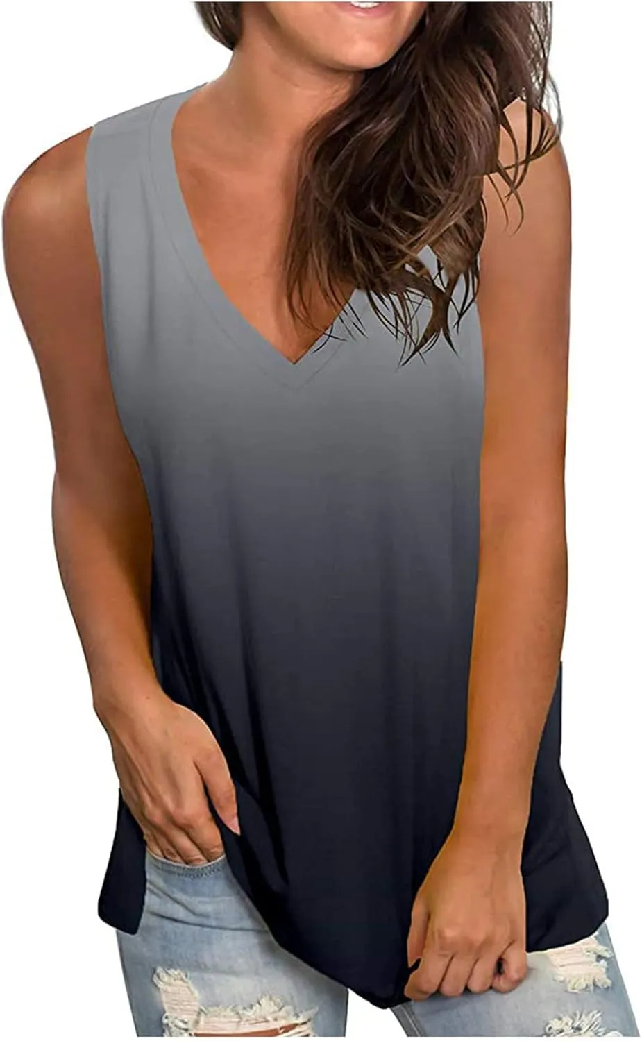 Tank Tops for Women 2024 Trendy Fashion Gradient Shirts Casual Sleeveless V Neck Blouse Summer Loose Fit Tees