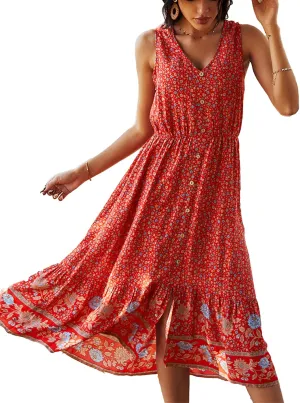 TEMOFON Women Dress Summer Sleeveless Bohemian: Floral V Neck Button Down Flowy Boho Dresses S-XL