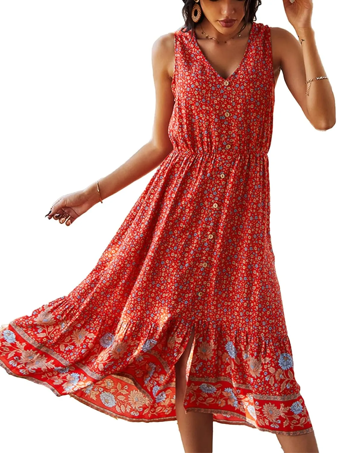 TEMOFON Women Dress Summer Sleeveless Bohemian: Floral V Neck Button Down Flowy Boho Dresses S-XL