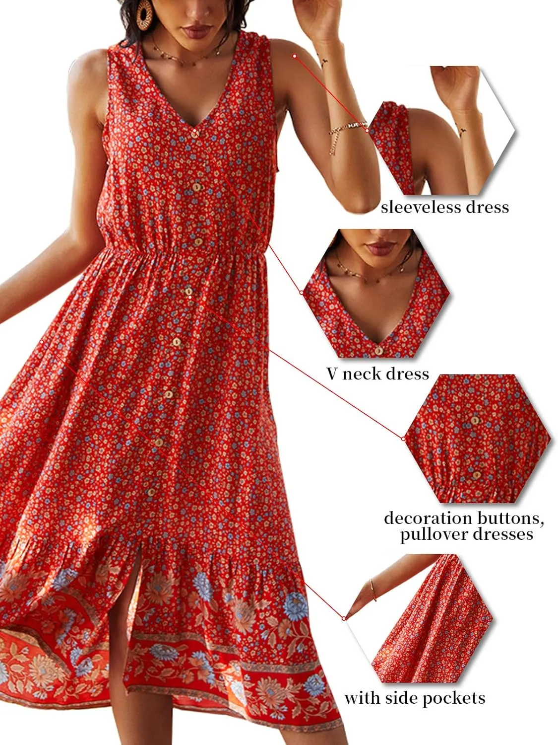 TEMOFON Women Dress Summer Sleeveless Bohemian: Floral V Neck Button Down Flowy Boho Dresses S-XL
