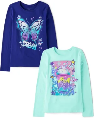 The Children's Place Girls' Assorted Everyday Long Sleeve Graphic T-Shirts, Multipack