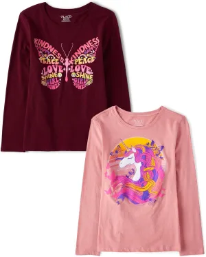 The Children's Place Girls' Assorted Everyday Long Sleeve Graphic T-Shirts, Multipack