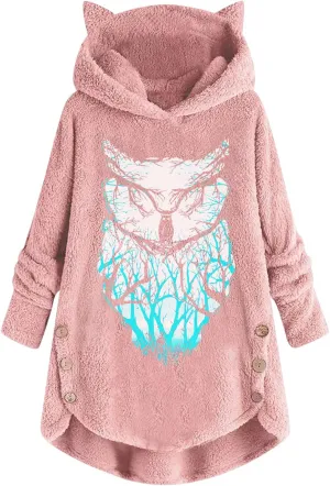 Trendy Hoodies for Women Owl Graphic Print Long Sleeve Buttons Cat Ear Tops Loose Comfortable Plush Sweatshirts