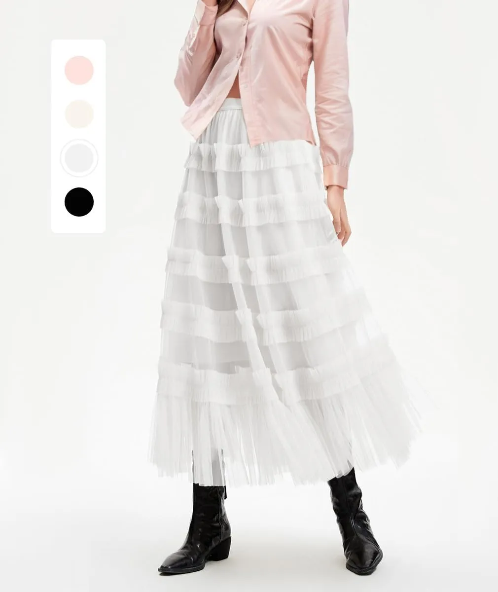 Tulle Skirts for Women Long Length Tutu Fairy Tiered Skirt A Line Mesh Elastic Waist Skirts