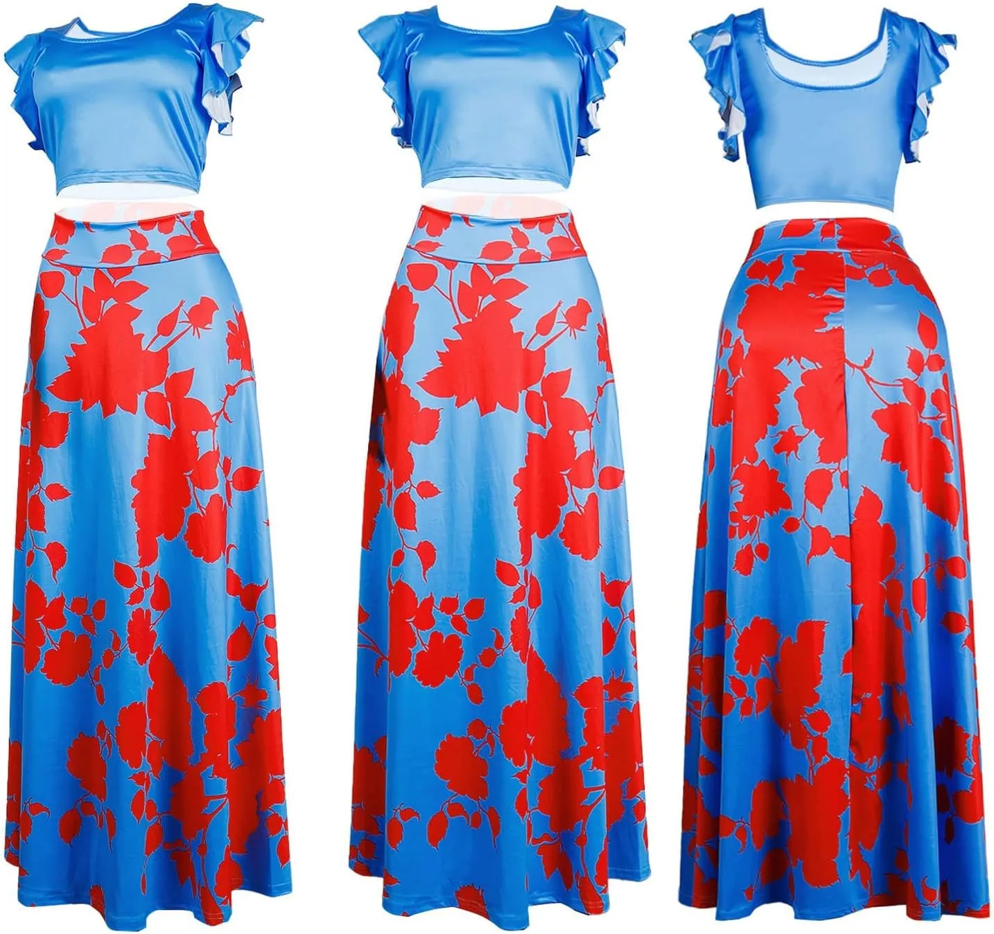 Vakkest Womens Summer Sexy 2 Pieces Outfits Ruffle Floral Tank Top Wrap Boho Tropical Long Skirt Set Clubwear Dresses