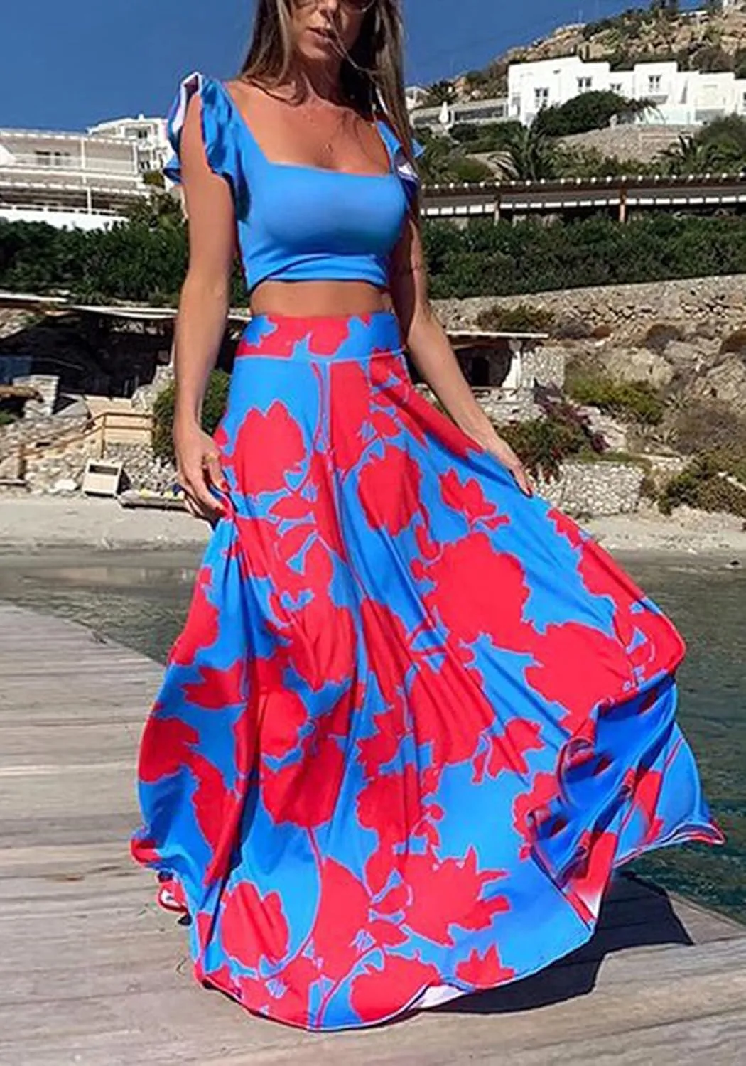 Vakkest Womens Summer Sexy 2 Pieces Outfits Ruffle Floral Tank Top Wrap Boho Tropical Long Skirt Set Clubwear Dresses