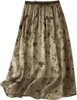 Vintage Floral Maxi Skirt for Women High Waist Boho Flowing A Line Skirts Elastic Waist Retro Style