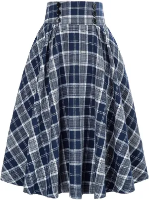 Vintage Plaid Skirt for Women High Waisted Midi A-line Skirts Pleated Skirt with Pockets Tartan Maxi Skirts