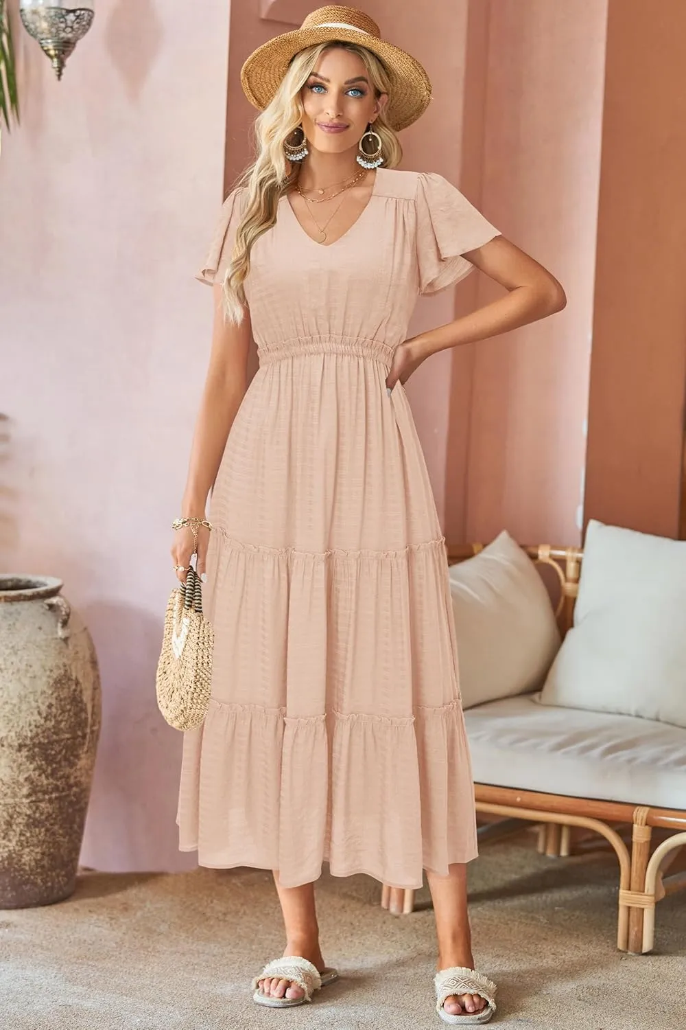 VOTEPRETTY Women's 2025 Summer Boho Maxi Dresses Flutter Short Sleeve V Neck Casual Beach Wedding Guest Vacation Long Dress