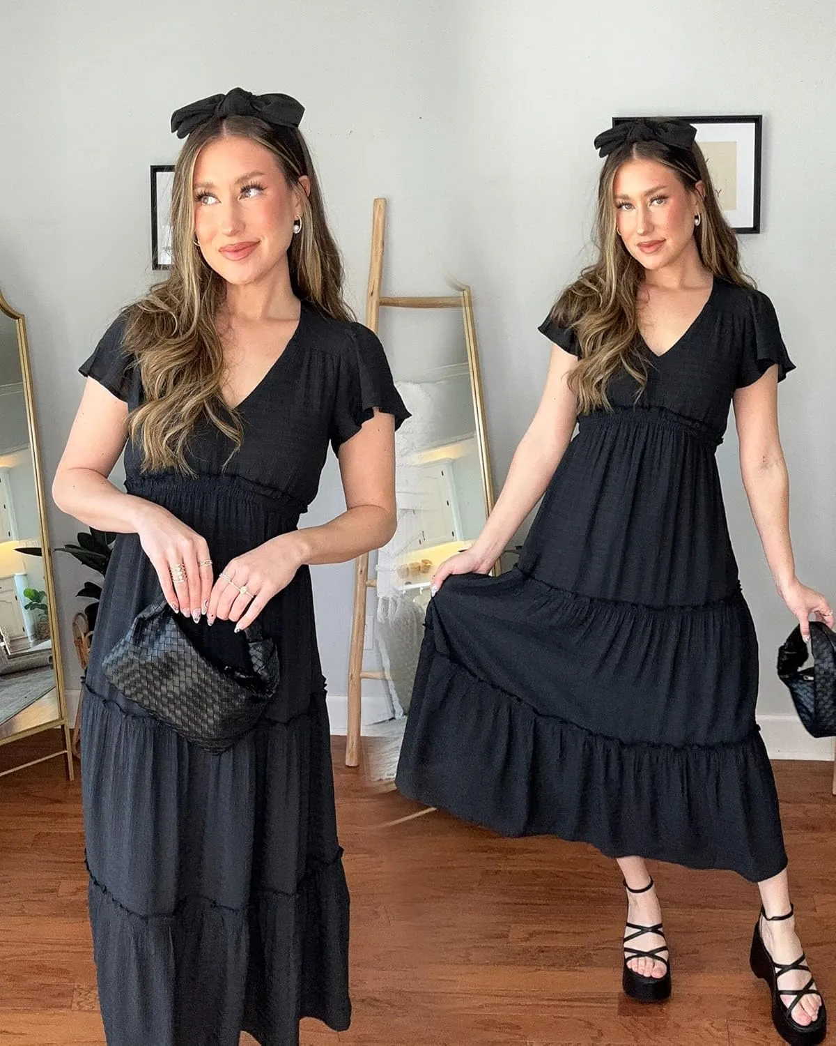 VOTEPRETTY Women's 2025 Summer Boho Maxi Dresses Flutter Short Sleeve V Neck Casual Beach Wedding Guest Vacation Long Dress