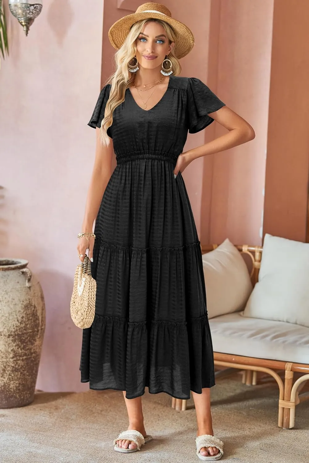 VOTEPRETTY Women's 2025 Summer Boho Maxi Dresses Flutter Short Sleeve V Neck Casual Beach Wedding Guest Vacation Long Dress