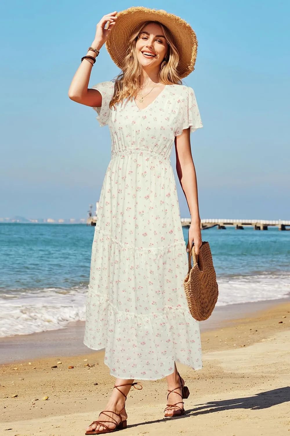 VOTEPRETTY Women's 2025 Summer Boho Maxi Dresses Flutter Short Sleeve V Neck Casual Beach Wedding Guest Vacation Long Dress