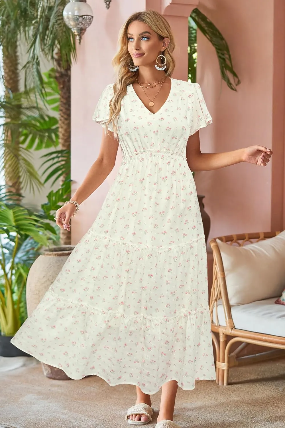 VOTEPRETTY Women's 2025 Summer Boho Maxi Dresses Flutter Short Sleeve V Neck Casual Beach Wedding Guest Vacation Long Dress