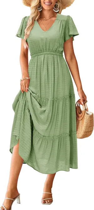 VOTEPRETTY Women's 2025 Summer Boho Maxi Dresses Flutter Short Sleeve V Neck Casual Beach Wedding Guest Vacation Long Dress