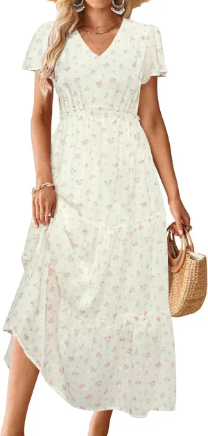 VOTEPRETTY Women's 2025 Summer Boho Maxi Dresses Flutter Short Sleeve V Neck Casual Beach Wedding Guest Vacation Long Dress